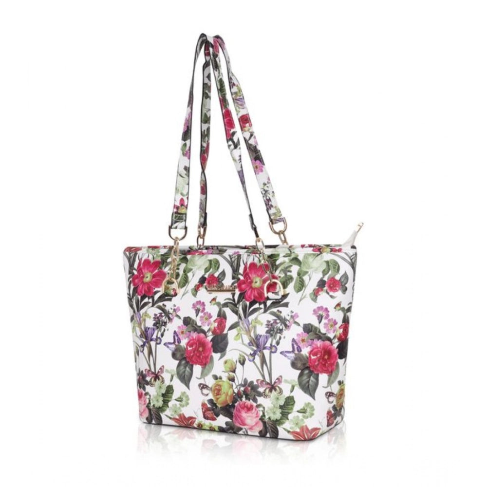 Women's Faux Leather Printed Tote Bag (White Pink) - POPNOVA