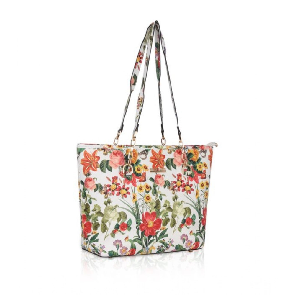 Women's Faux Leather Printed Tote Bag (White Orang) - POPNOVA
