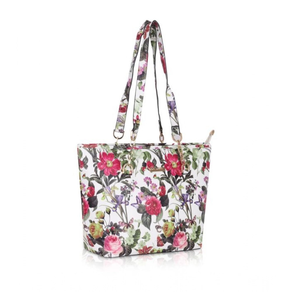 Women's Faux Leather Printed Tote Bag (White Pink) - POPNOVA