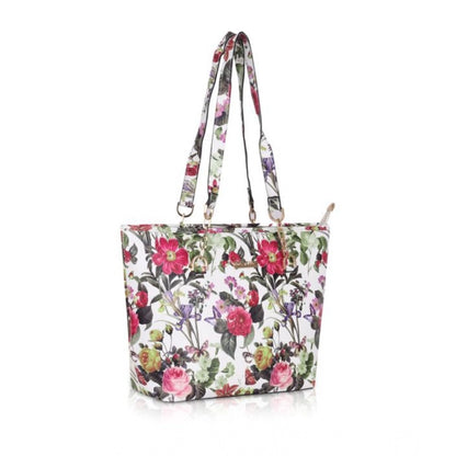 Women's Faux Leather Printed Tote Bag (White Pink) - POPNOVA