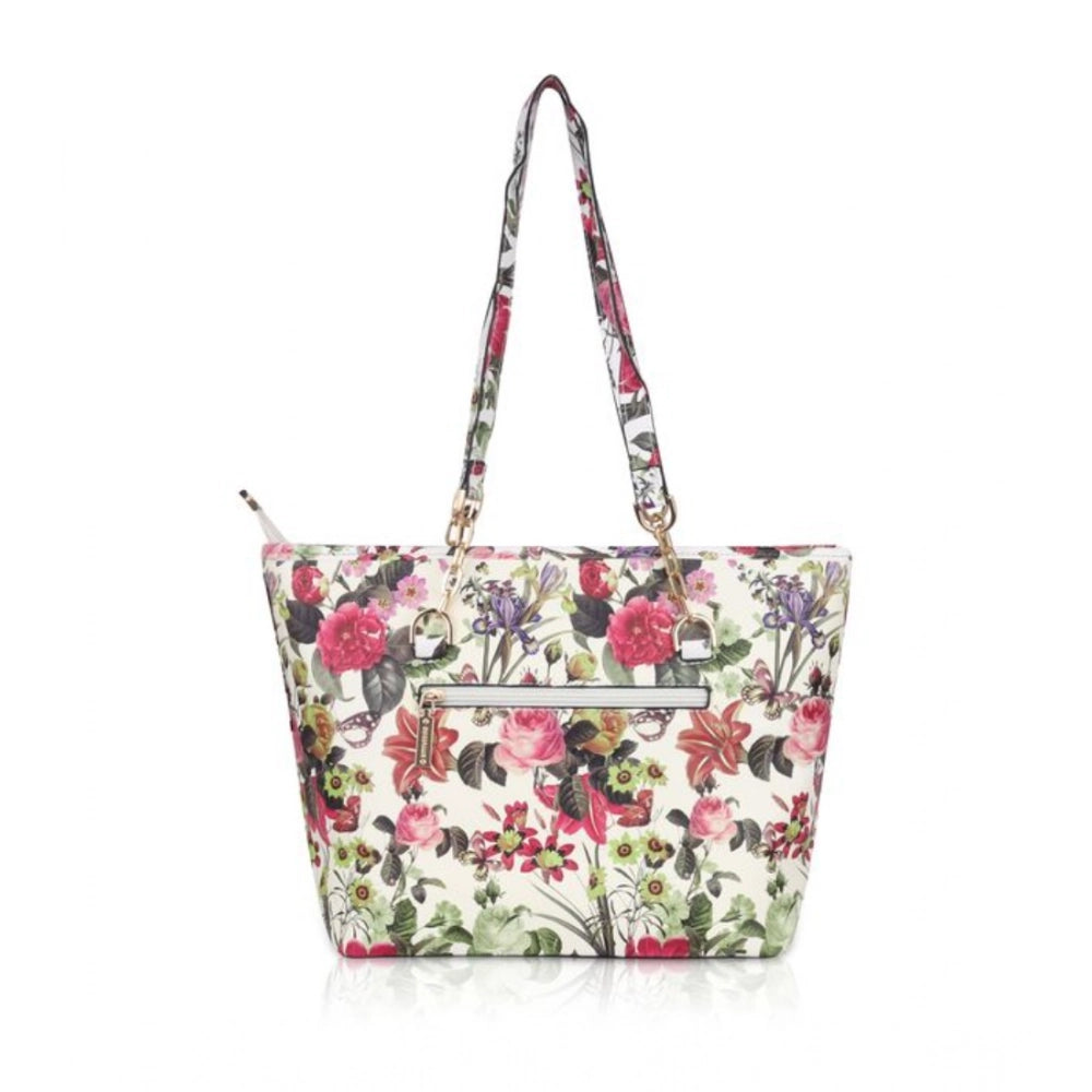 Women's Faux Leather Printed Tote Bag (White Pink) - POPNOVA