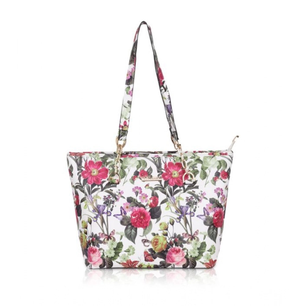 Women's Faux Leather Printed Tote Bag (White Pink) - POPNOVA