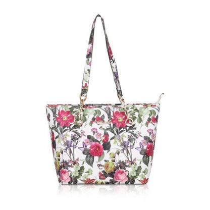 Women's Faux Leather Printed Tote Bag (White Pink) - POPNOVA