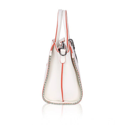 Women's Faux Leather Metal Beads Handbag (White) - POPNOVA