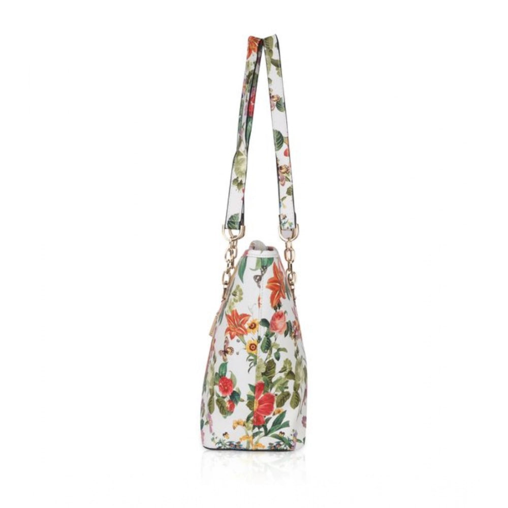 Women's Faux Leather Printed Tote Bag (White Orang) - POPNOVA