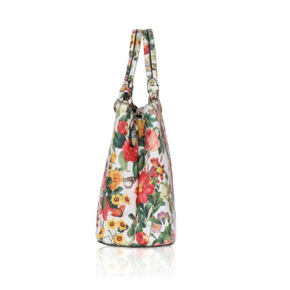 Women's Faux Leather Printed Handheld Bag (White Orang) - POPNOVA