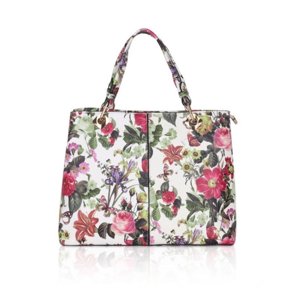 Women's Faux Leather Printed Handheld Bag (White Pink) - POPNOVA