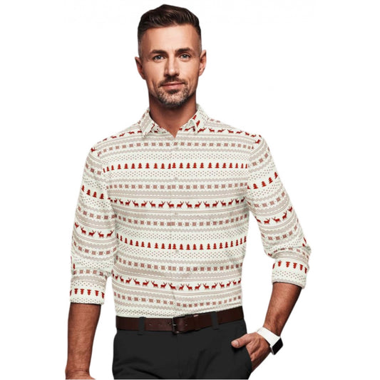 Men's Cotton Blended Printed Full Sleeve Shirt (White-Red) - White-Red, Cotton Blended • Pattern: Printed, Full Sleeve | POPNOVA