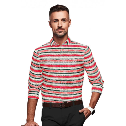 Men's Cotton Blended Striped Full Sleeve Shirt (Red-White) - Red-White, Cotton Blended • Pattern: Striped, Full Sleeve | POPNOVA