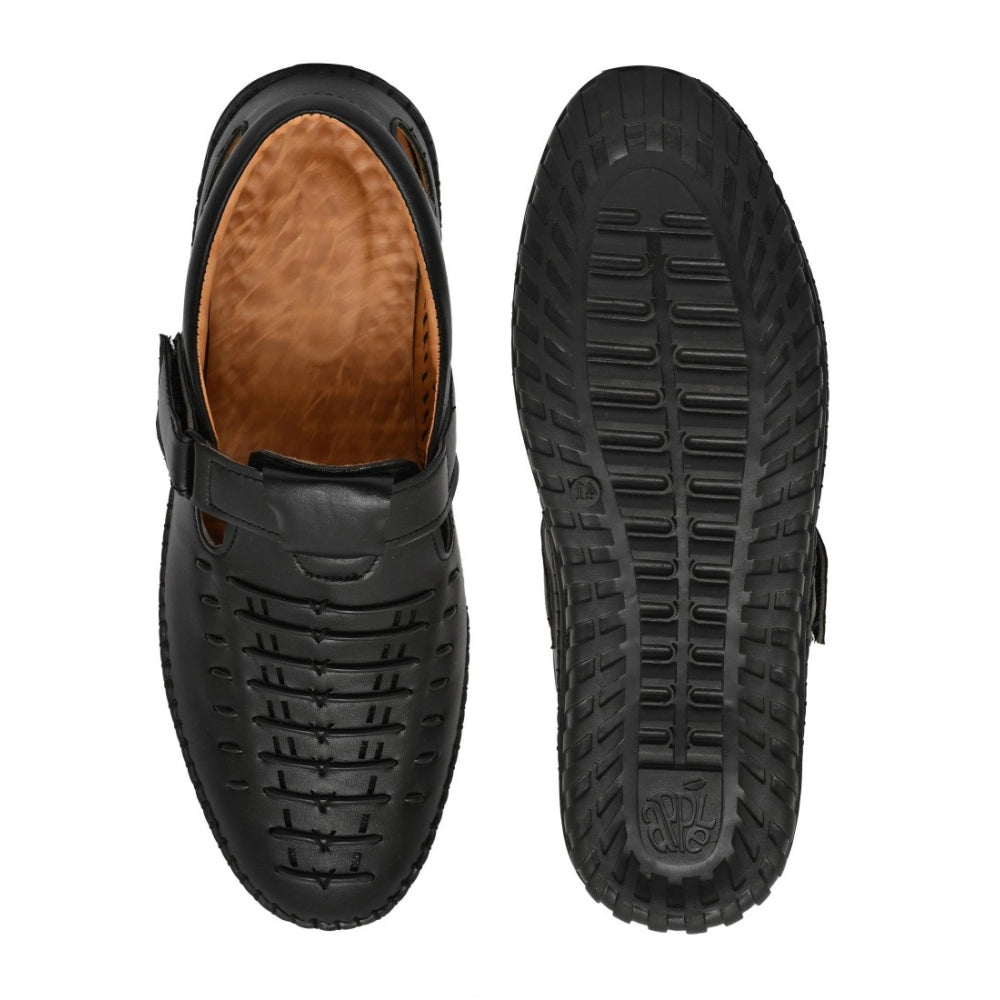 Men's Faux Leather Sandal (Black) - Black, Faux Leather • Closure Type: Slip-On, Slip-On | POPNOVA