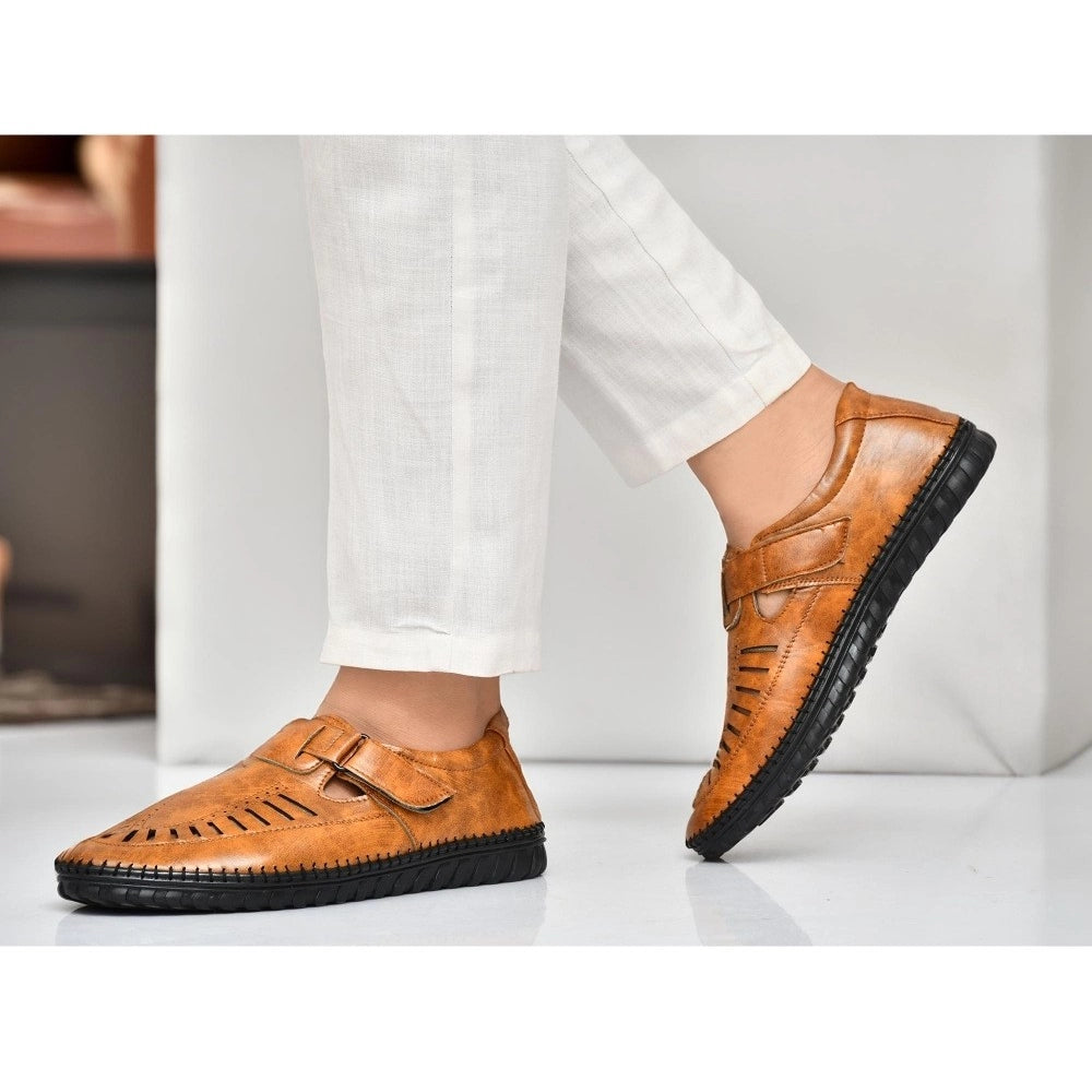 Men's Faux Leather Sandal (Tan) - Tan, Faux Leather • Closure Type: Slip-On, Slip-On | POPNOVA