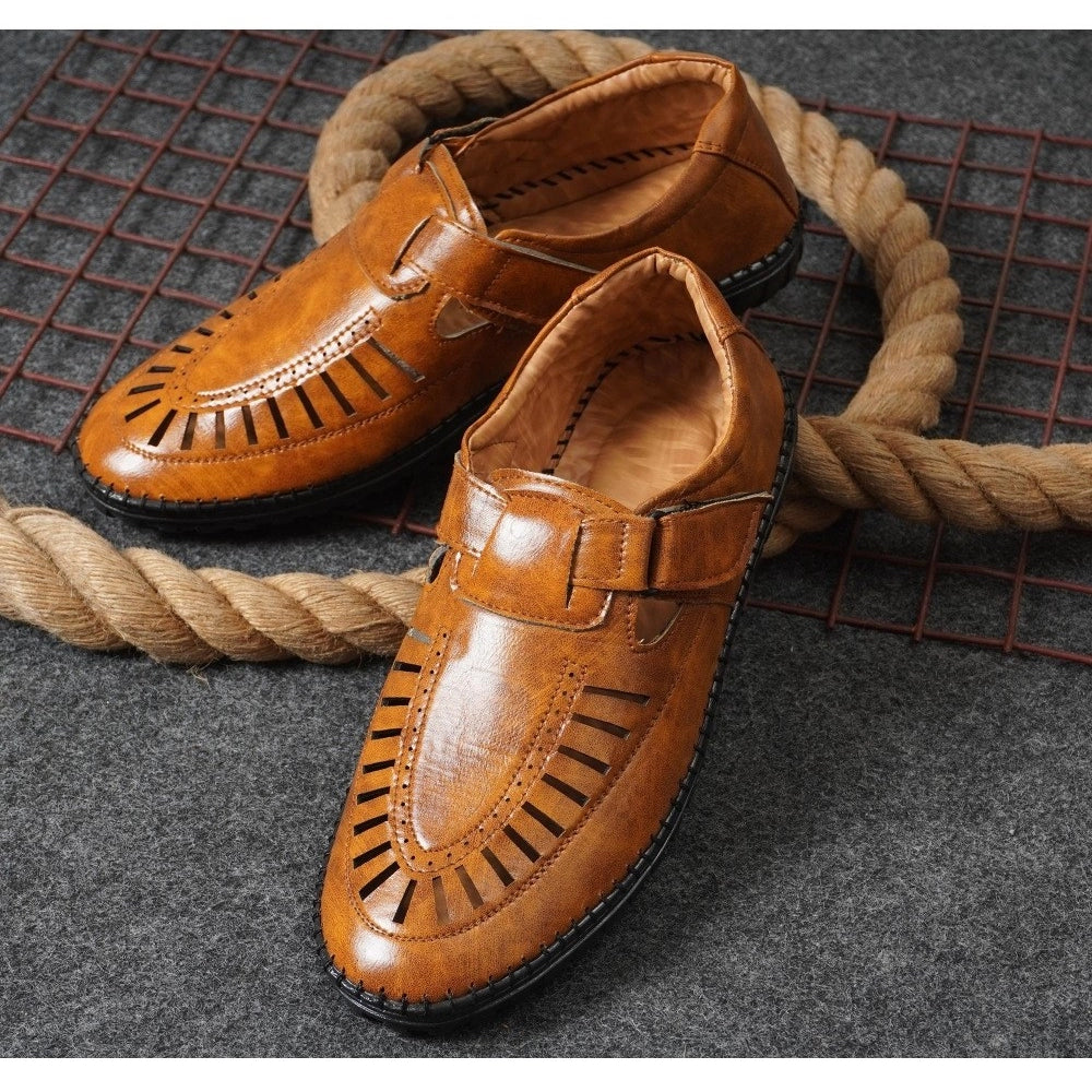 Men's Faux Leather Sandal (Tan) - Tan, Faux Leather • Closure Type: Slip-On, Slip-On | POPNOVA