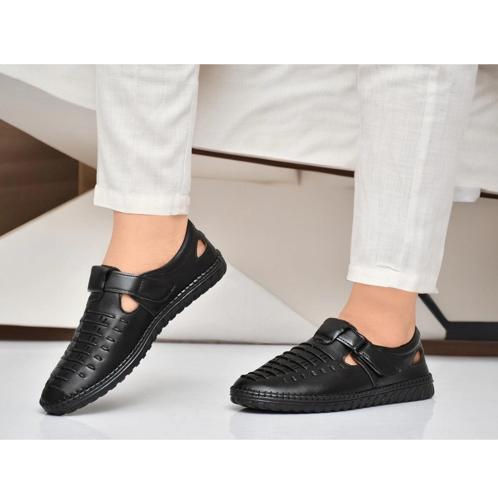 Men's Faux Leather Sandal (Black) - Black, Faux Leather • Closure Type: Slip-On, Slip-On | POPNOVA