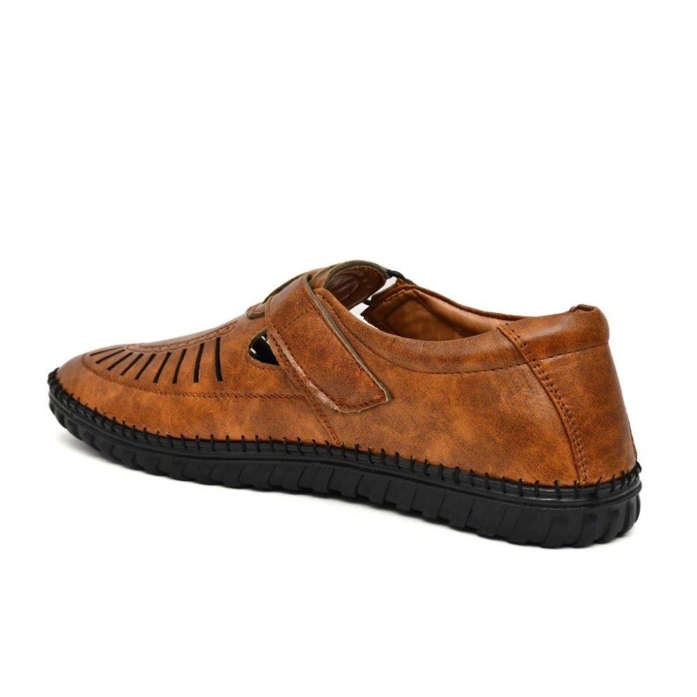 Men's Faux Leather Sandal (Tan) - Tan, Faux Leather • Closure Type: Slip-On, Slip-On | POPNOVA