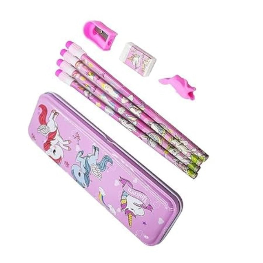 8 Pcs Set Unicorn Metal Pencil Box With 4 Pencils, 1 Sharpner, 1 Eracer And 1 Pencil Cap kids toys for kids 3+ years