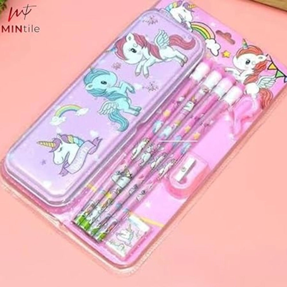 8 Pcs Set Unicorn Metal Pencil Box With 4 Pencils, 1 Sharpner, 1 Eracer And 1 Pencil Cap kids toys for kids 3+ years