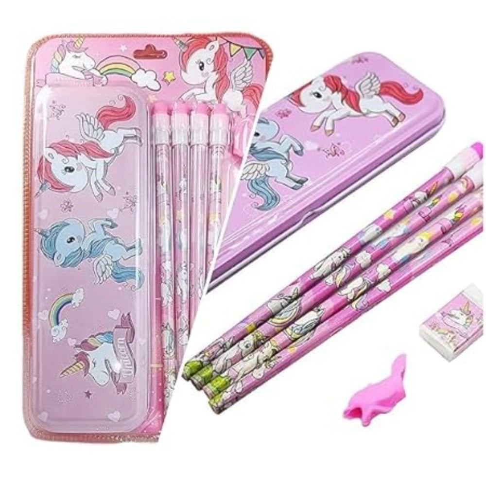 8 Pcs Set Unicorn Metal Pencil Box With 4 Pencils, 1 Sharpner, 1 Eracer And 1 Pencil Cap kids toys for kids 3+ years