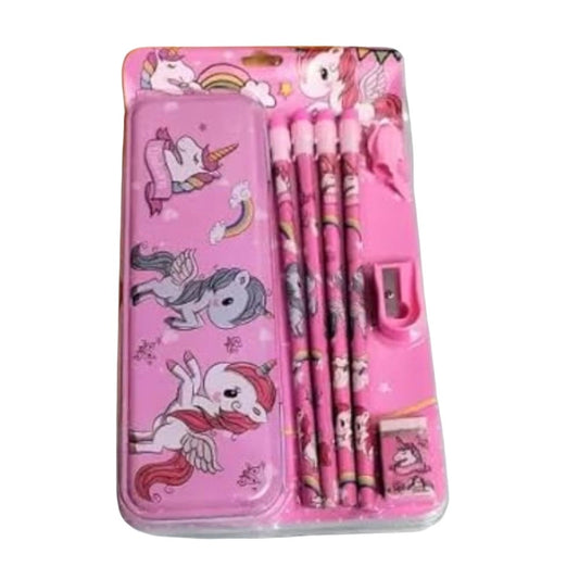 8 Pcs Set Unicorn Metal Pencil Box With 4 Pencils, 1 Sharpner, 1 Eracer And 1 Pencil Cap kids toys for kids 3+ years