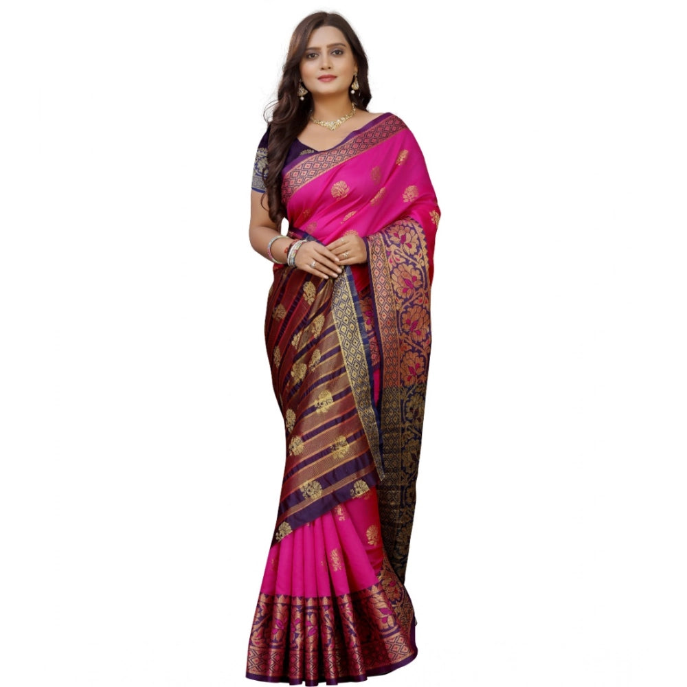 Women's Silk Blend Woven Saree With Unstitched Blouse 5.5 Mtr (Pink-Beige)