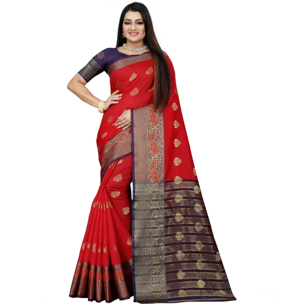 Women's Silk Blend Woven Saree With Unstitched Blouse 5.5 Mtr (Purple-Red)