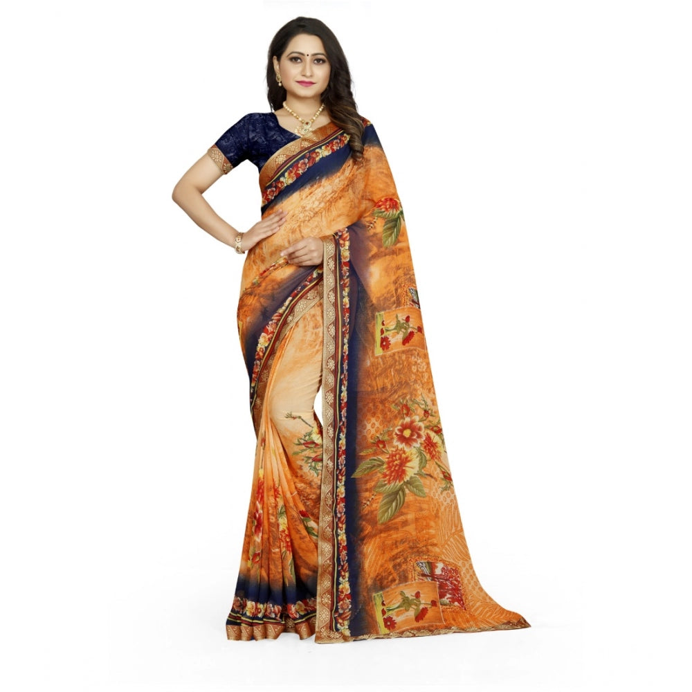 Women's Georgette Floral Print Saree With Unstitched Blouse 5.5 Mtr (Blue-Orange)