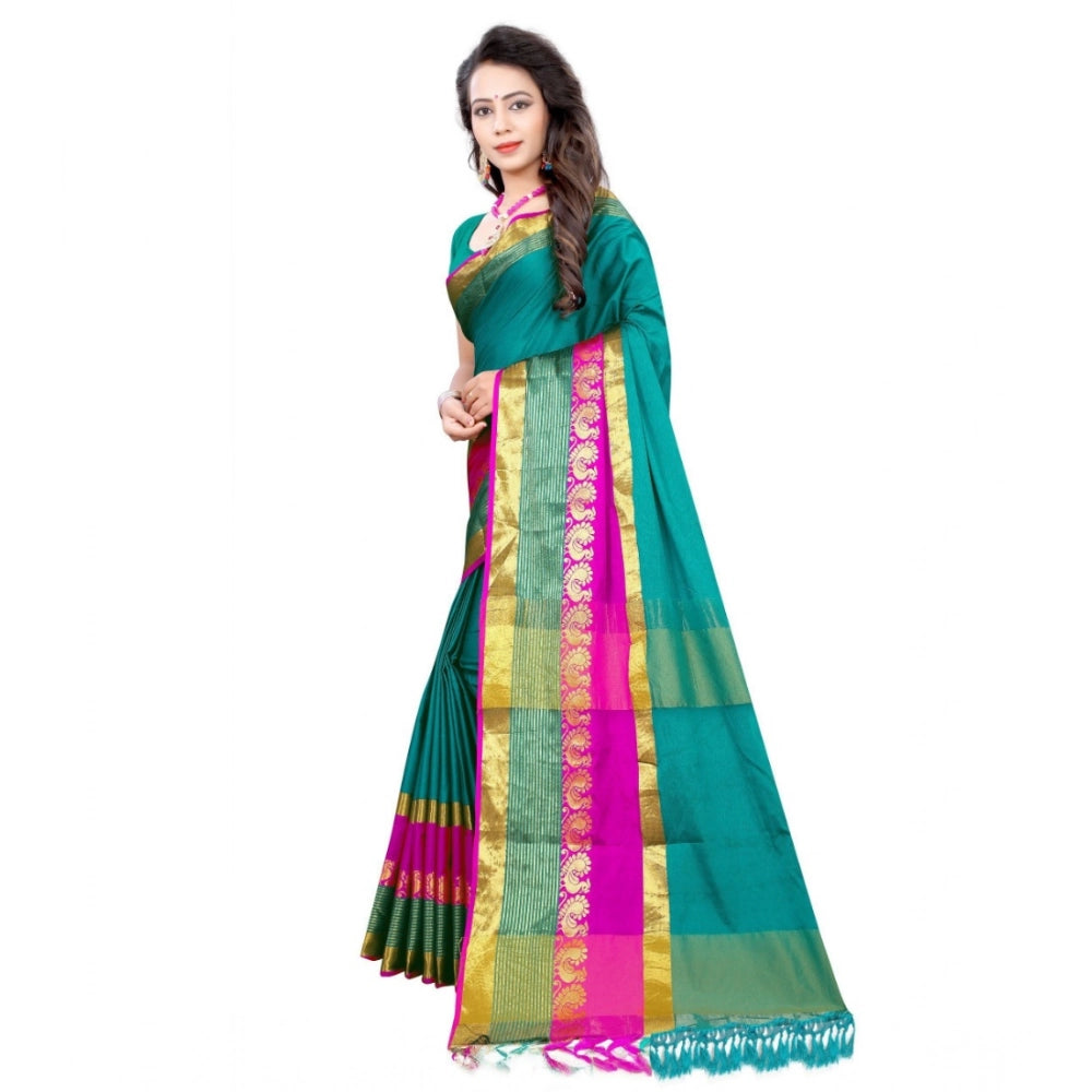 Women's Jacquard Woven Saree With Unstitched Blouse 5.5 Mtr (Dark Green)