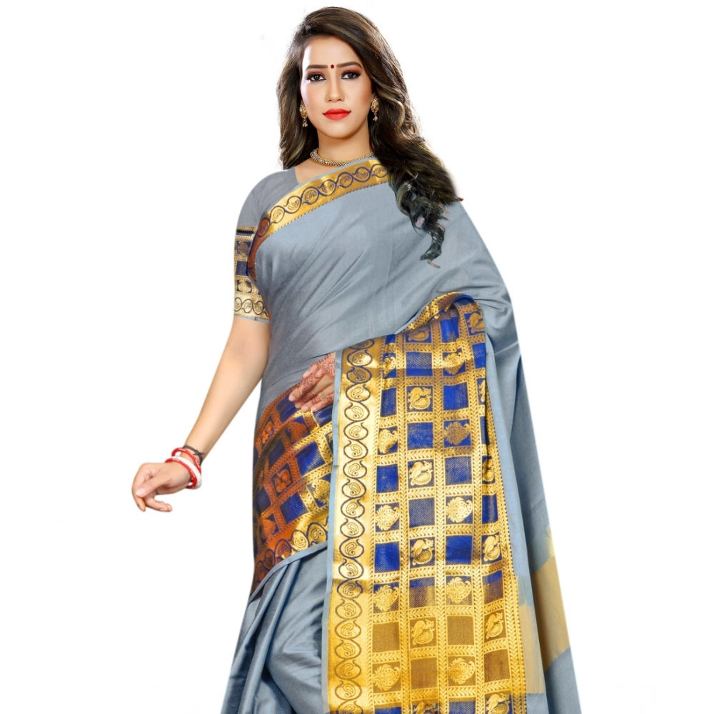 Women's Jacquard Woven Saree With Unstitched Blouse 5.5 Mtr (Light Blue)