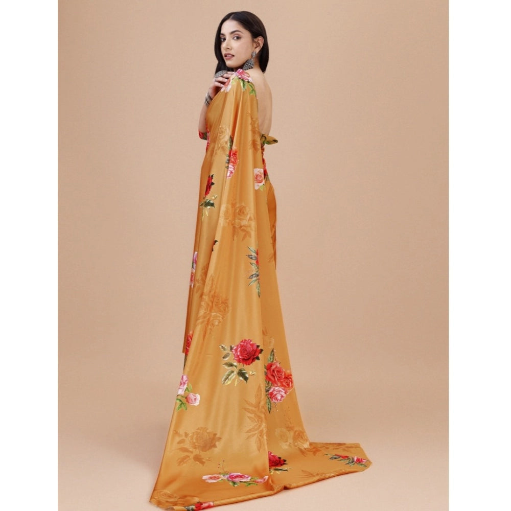 Women's Crepe Digital Print Saree With Unstitched Blouse 5.5 Mtr (Mustard)