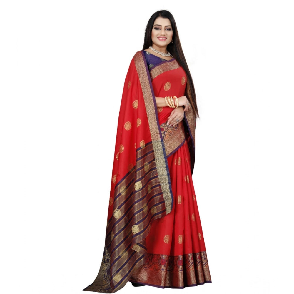 Women's Silk Blend Woven Saree With Unstitched Blouse 5.5 Mtr (Red-Blue)
