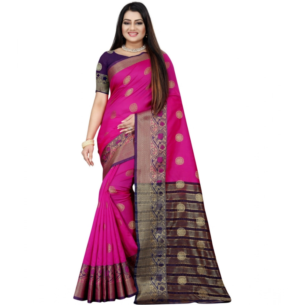 Women's Silk Blend Woven Saree With Unstitched Blouse 5.5 Mtr (Blue-Pink)