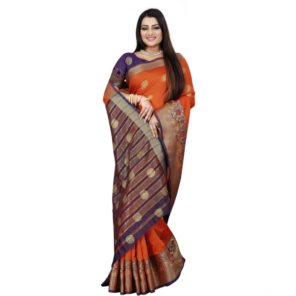 Women's Silk Blend Woven Saree With Unstitched Blouse 5.5 Mtr (Blue-Orange)