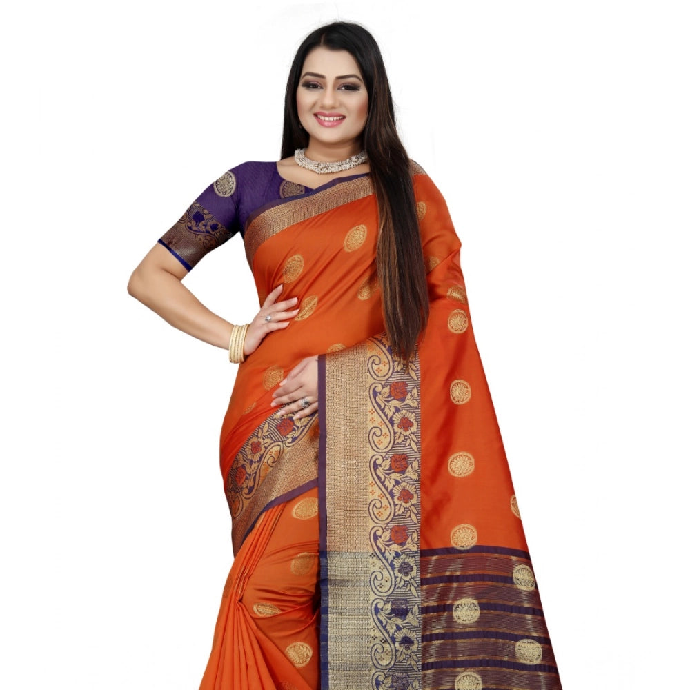 Women's Silk Blend Woven Saree With Unstitched Blouse 5.5 Mtr (Blue-Orange)