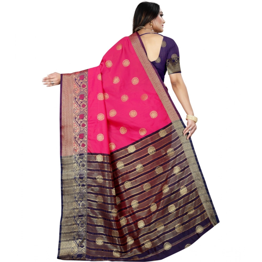 Women's Silk Blend Woven Saree With Unstitched Blouse 5.5 Mtr (Blue-Pink)