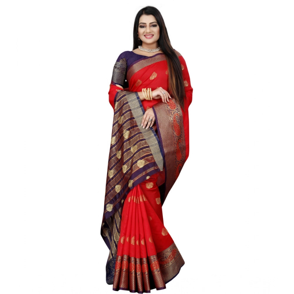 Women's Silk Blend Woven Saree With Unstitched Blouse 5.5 Mtr (Purple-Red)