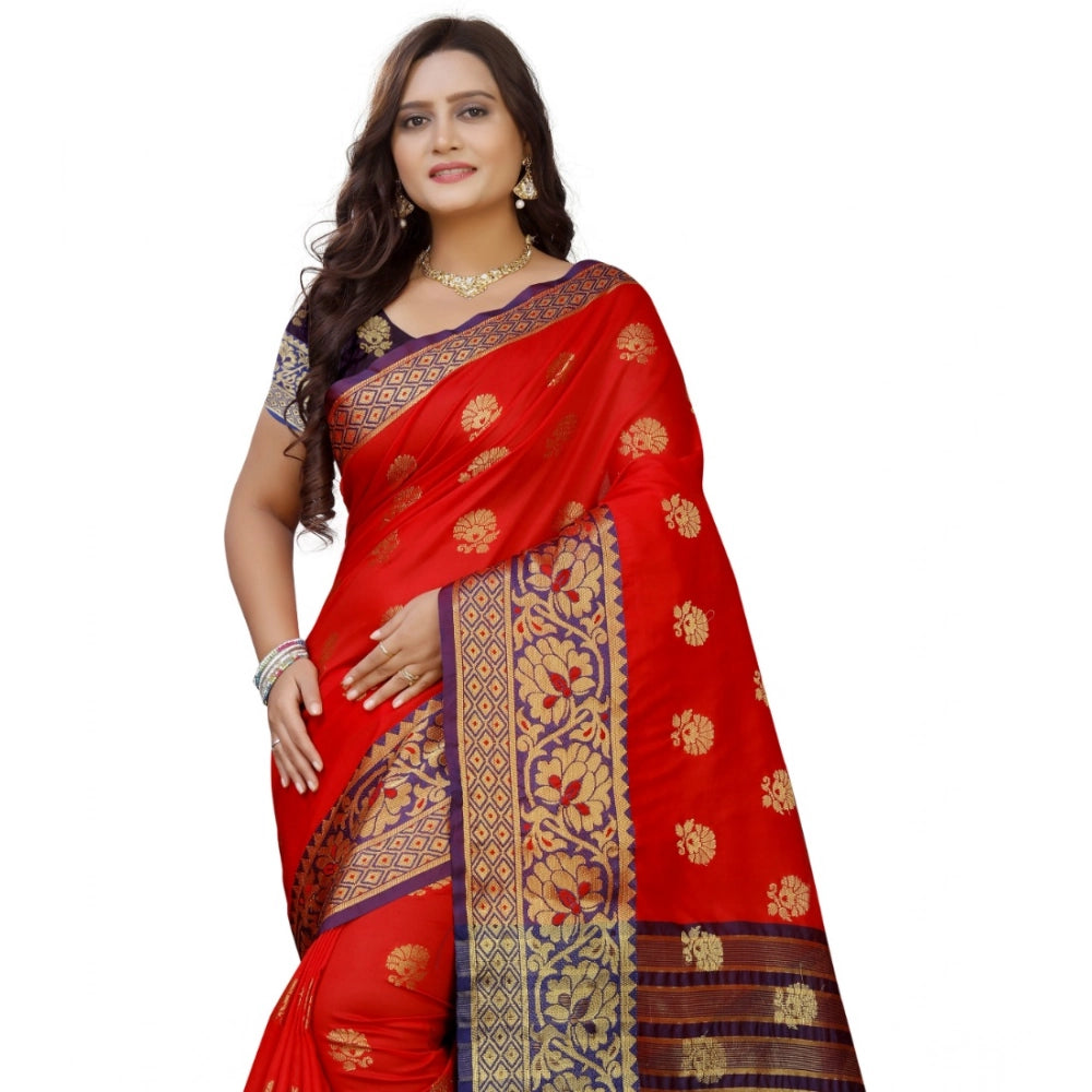 Women's Silk Blend Woven Saree With Unstitched Blouse 5.5 Mtr (Purple-Red)