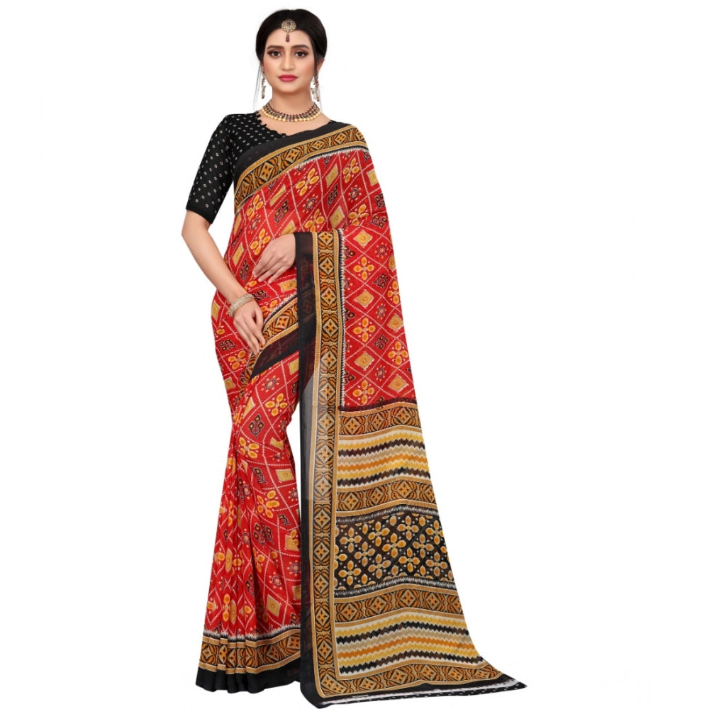 Women's Georgette Floral Print Saree With Unstitched Blouse 5.5 Mtr (Red)