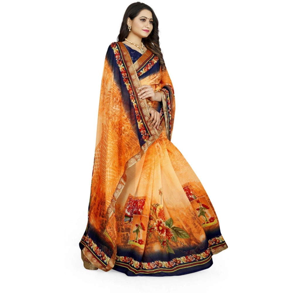 Women's Georgette Floral Print Saree With Unstitched Blouse 5.5 Mtr (Blue-Orange)