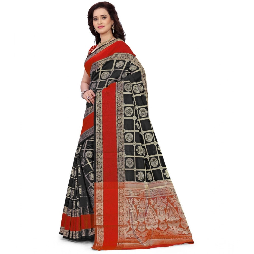 Women's Jacquard Woven Saree With Unstitched Blouse 5.5 Mtr (Red-Black)