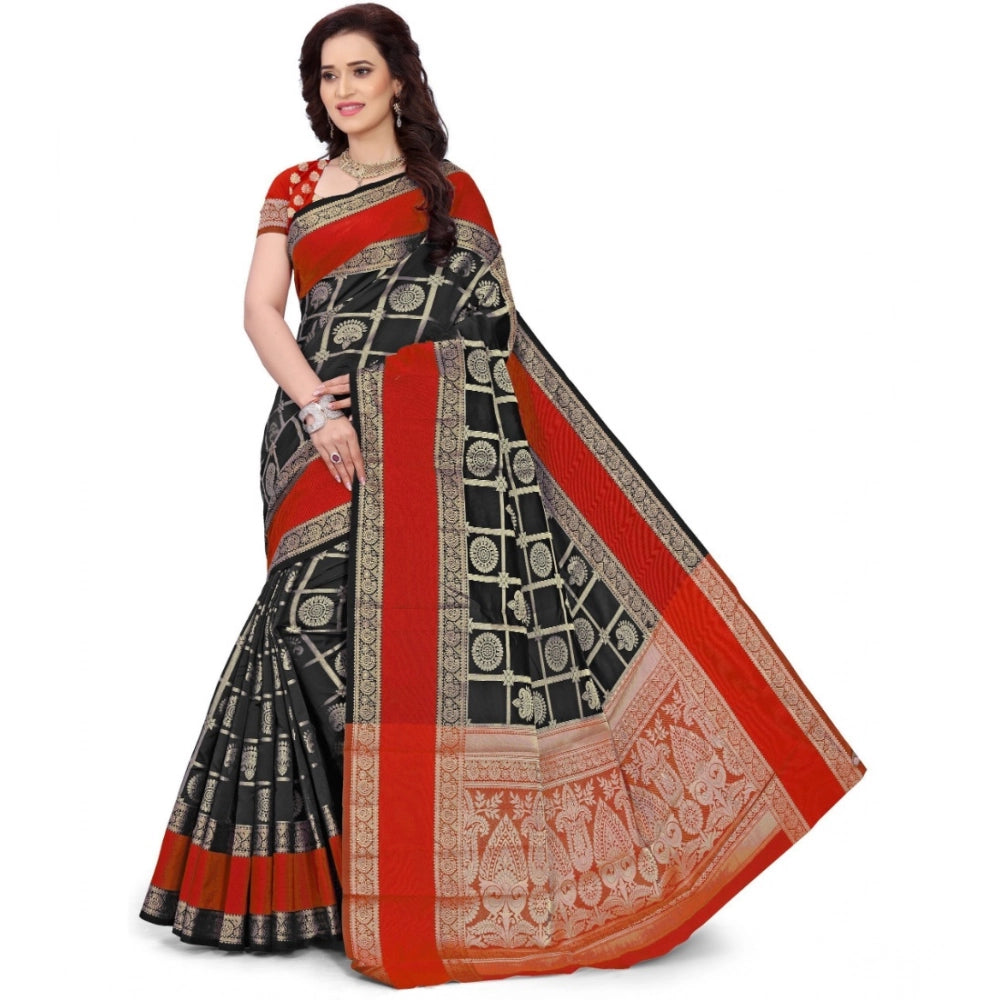 Women's Jacquard Woven Saree With Unstitched Blouse 5.5 Mtr (Red-Black)