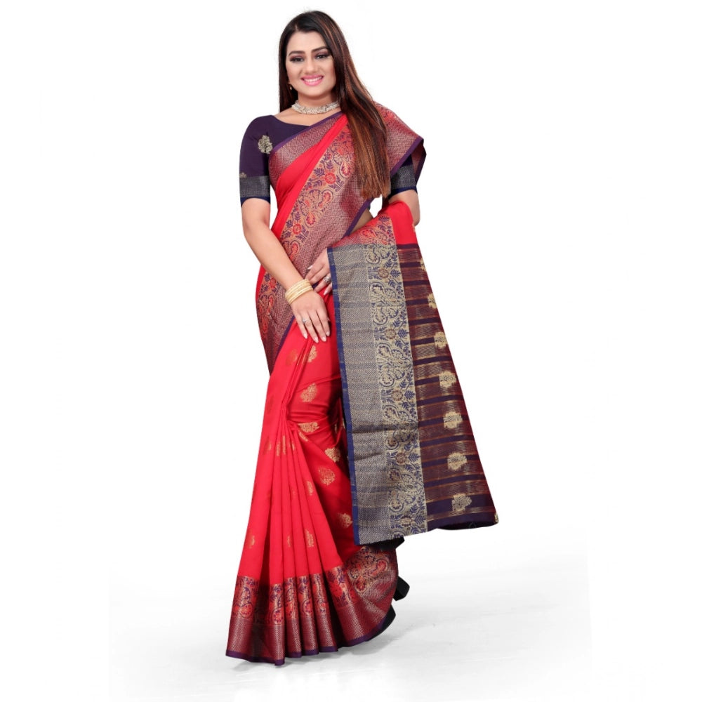 Women's Silk Blend Woven Saree With Unstitched Blouse 5.5 Mtr (Red)