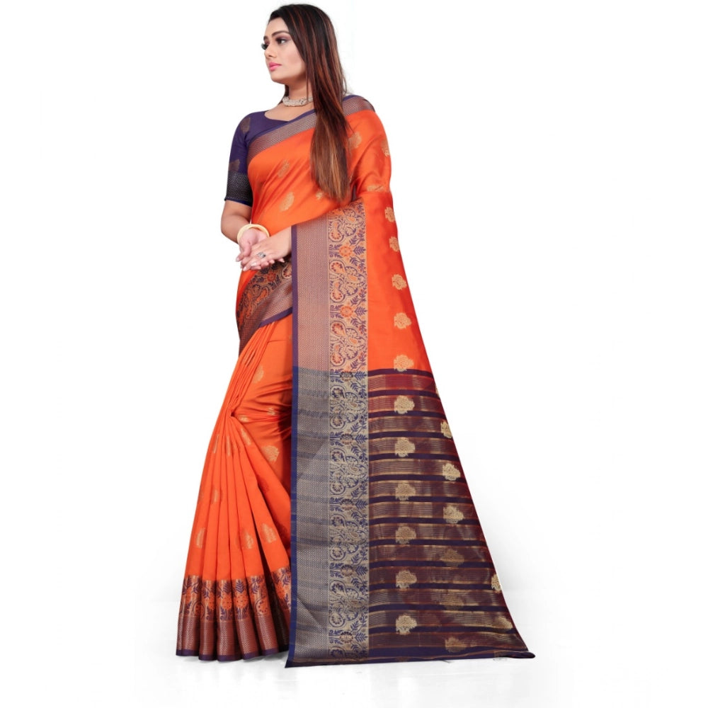 Women's Silk Blend Woven Saree With Unstitched Blouse 5.5 Mtr (Orange)