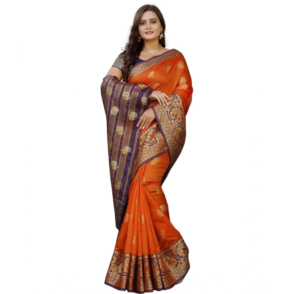 Women's Silk Blend Woven Saree With Unstitched Blouse 5.5 Mtr (Gold-Orange)