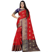 Women's Silk Blend Woven Saree With Unstitched Blouse 5.5 Mtr (Red-Blue)