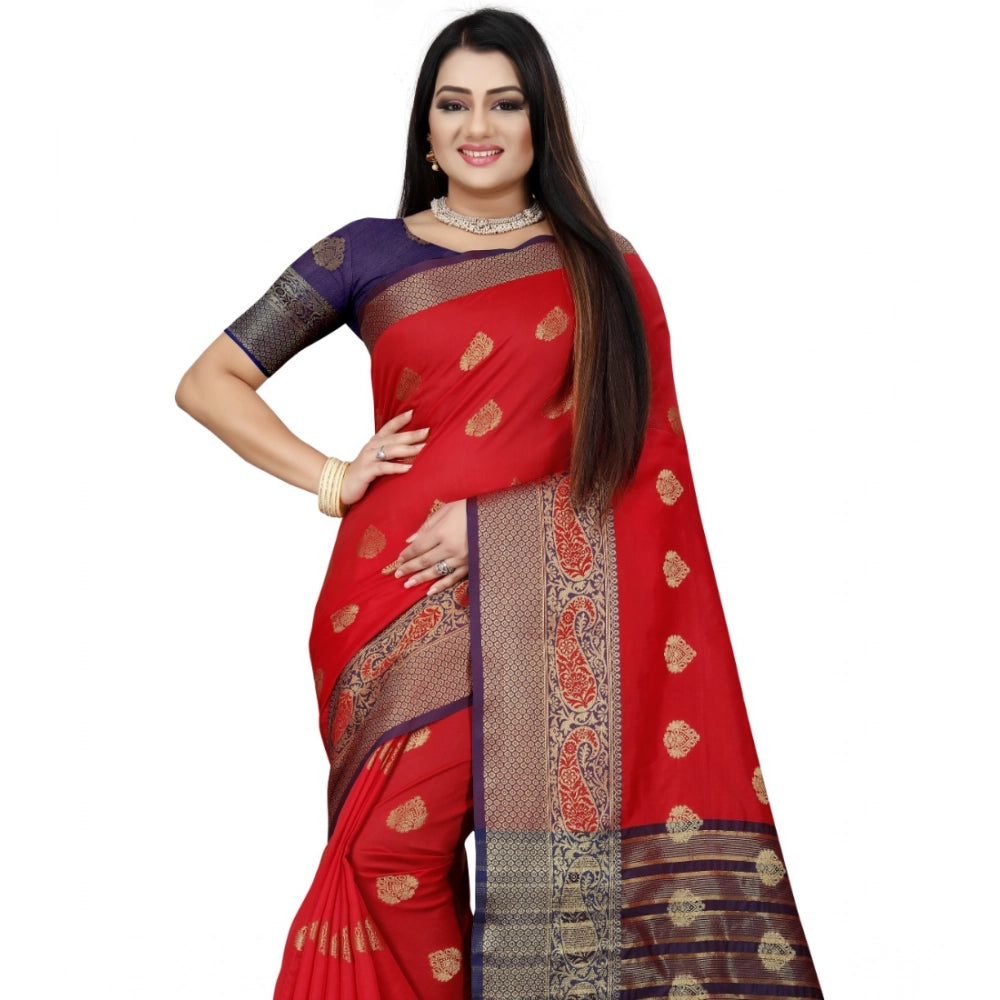 Women's Silk Blend Woven Saree With Unstitched Blouse 5.5 Mtr (Purple-Red)