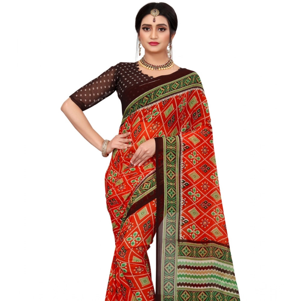 Women's Georgette Floral Print Saree With Unstitched Blouse 5.5 Mtr (Red)
