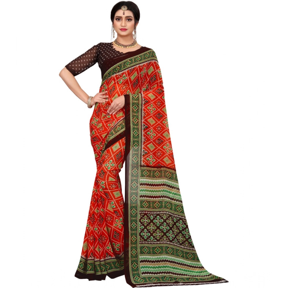 Women's Georgette Floral Print Saree With Unstitched Blouse 5.5 Mtr (Red)