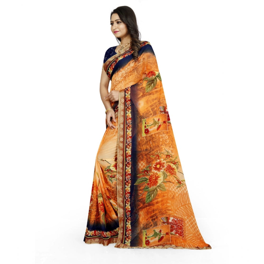 Women's Georgette Floral Print Saree With Unstitched Blouse 5.5 Mtr (Blue-Orange)