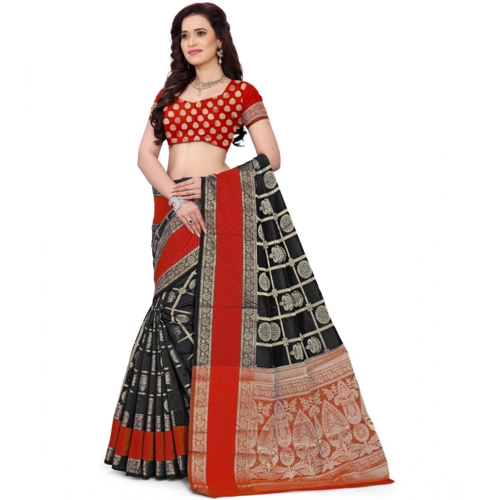 Women's Jacquard Woven Saree With Unstitched Blouse 5.5 Mtr (Red-Black)