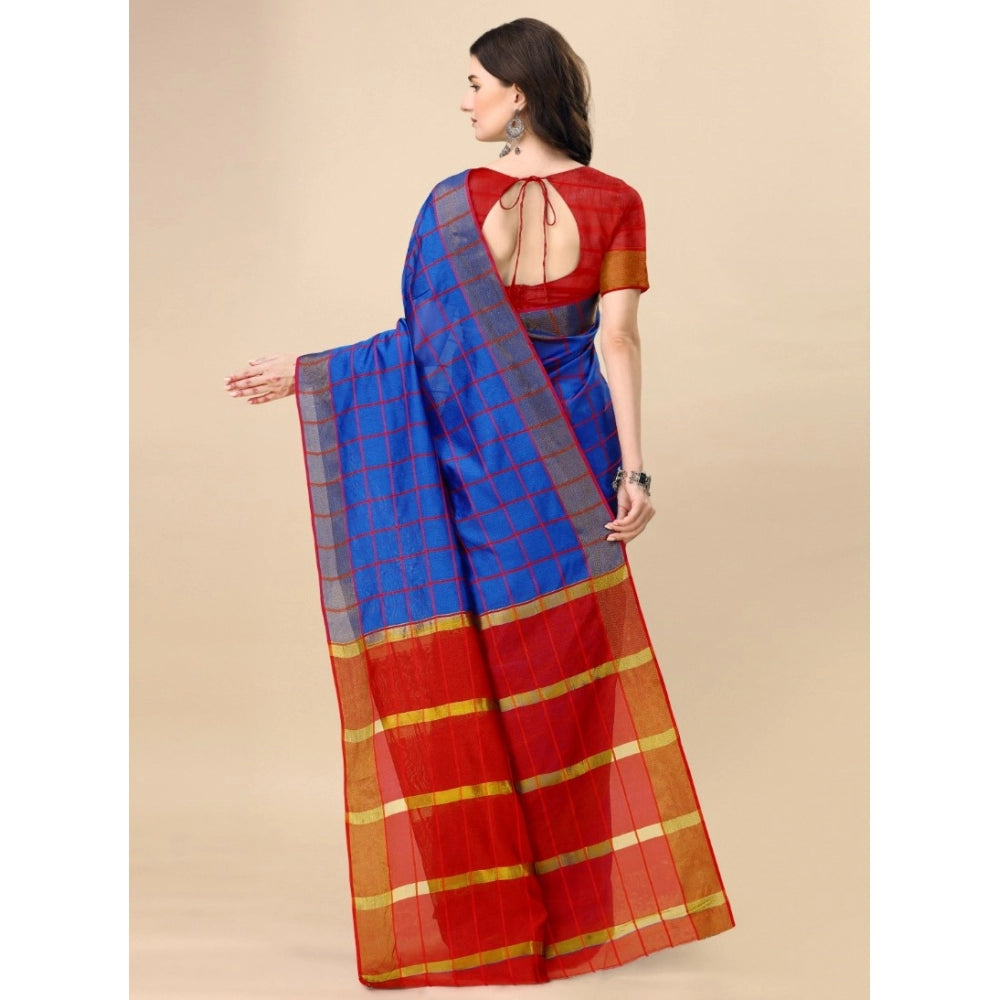Women's Cotton Silk Checkered Saree With Unstitched Blouse 5.5 Mtr (Blue)