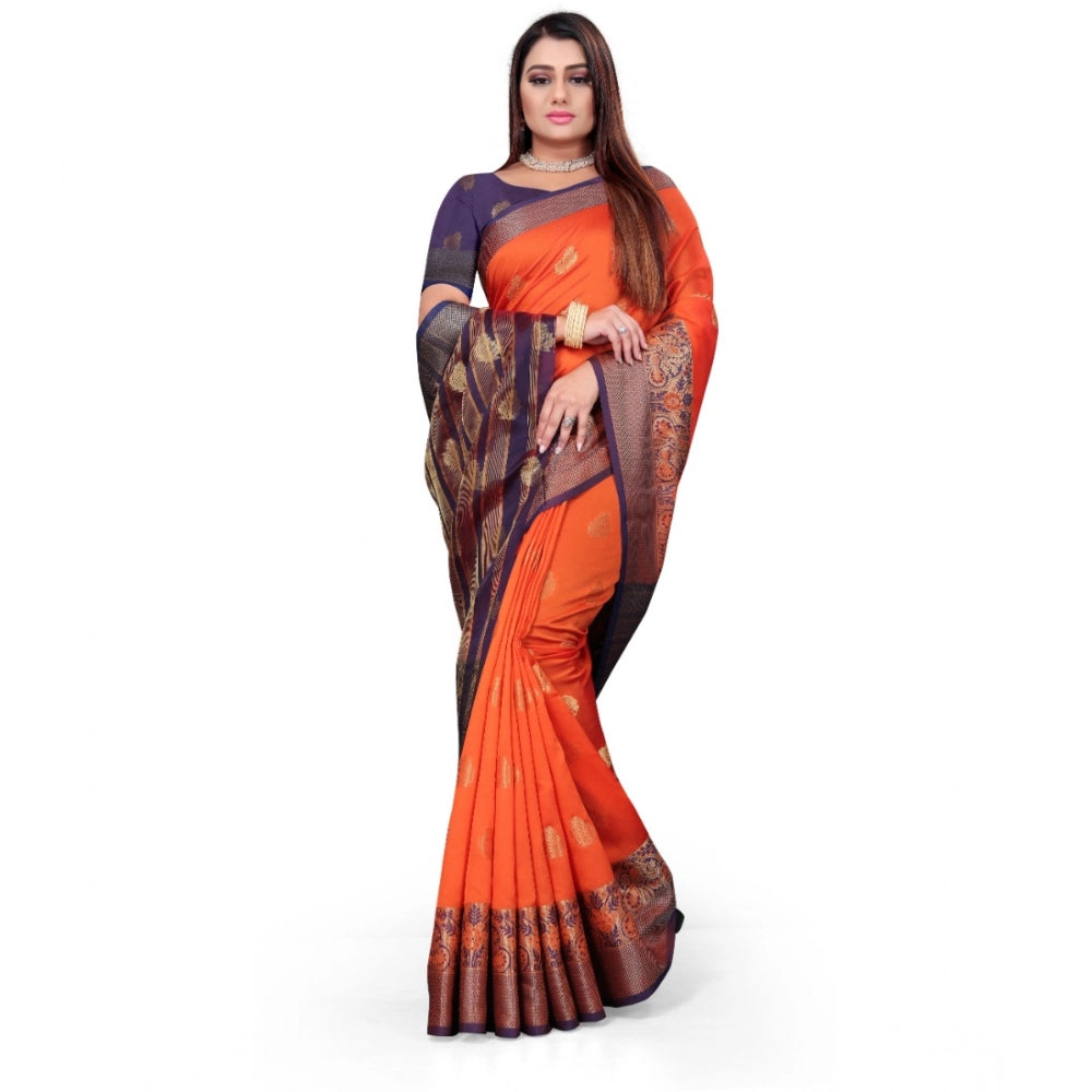 Women's Silk Blend Woven Saree With Unstitched Blouse 5.5 Mtr (Orange)
